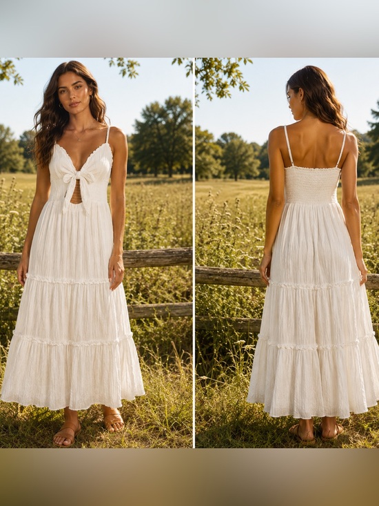 Justify Dresses & Skirts - Justify White Tie-Front Smocked Maxi Dress